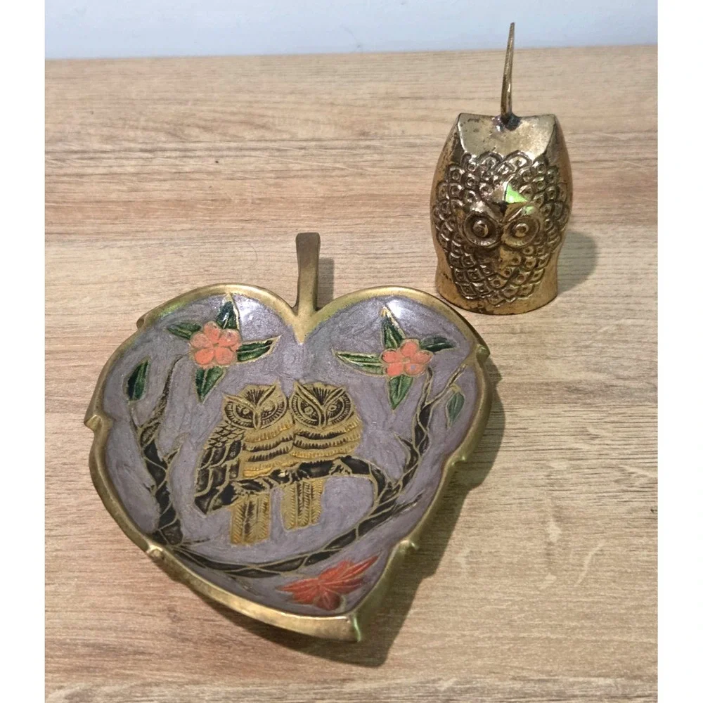 Set Brass Enamel Trinket Dish Leaf Owl + Bell Made in India